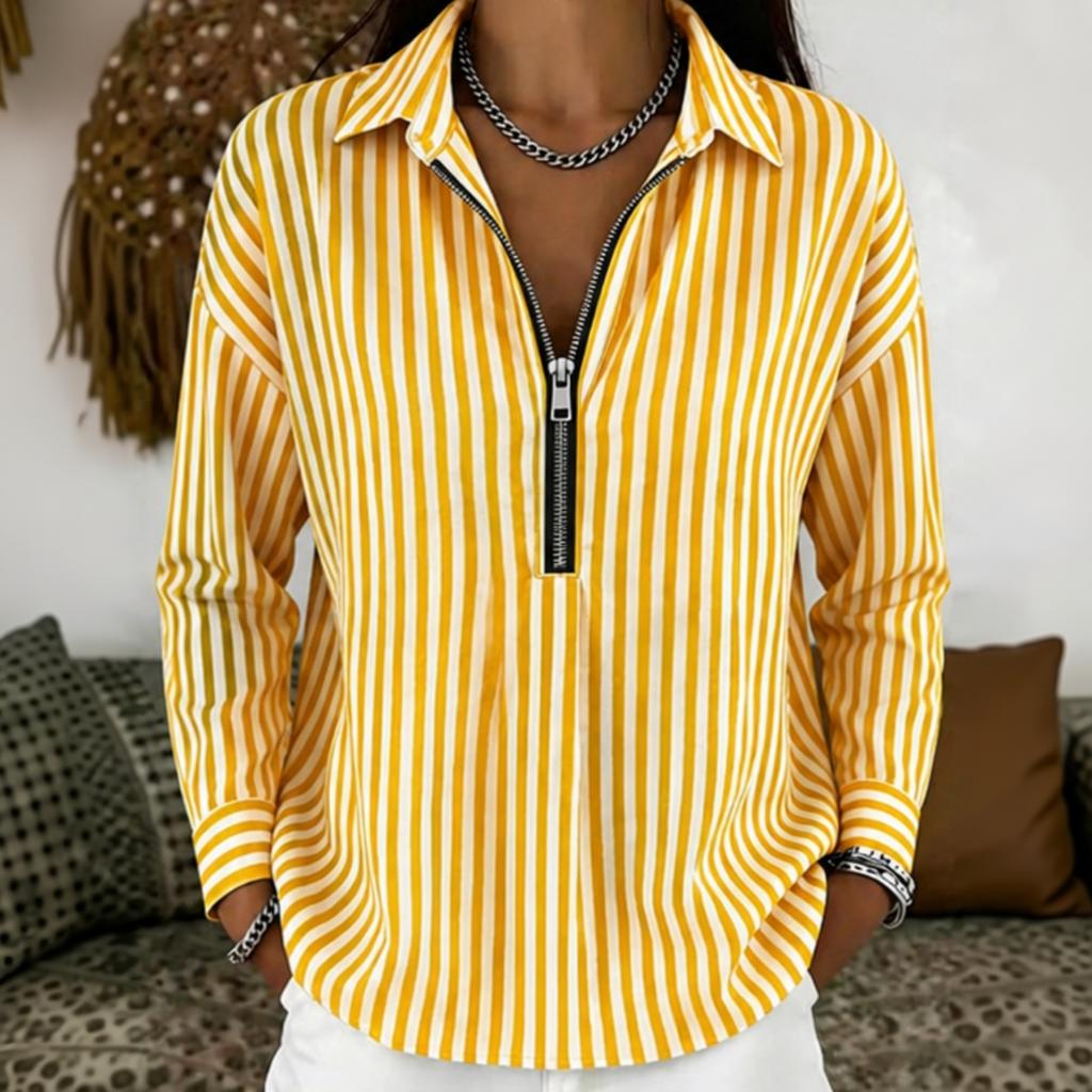 Women's Casual Loose Fit Long Sleeve Shirt Half Zip Front Striped Pattern Collared Blouse Lightweight Top for Everyday Wear