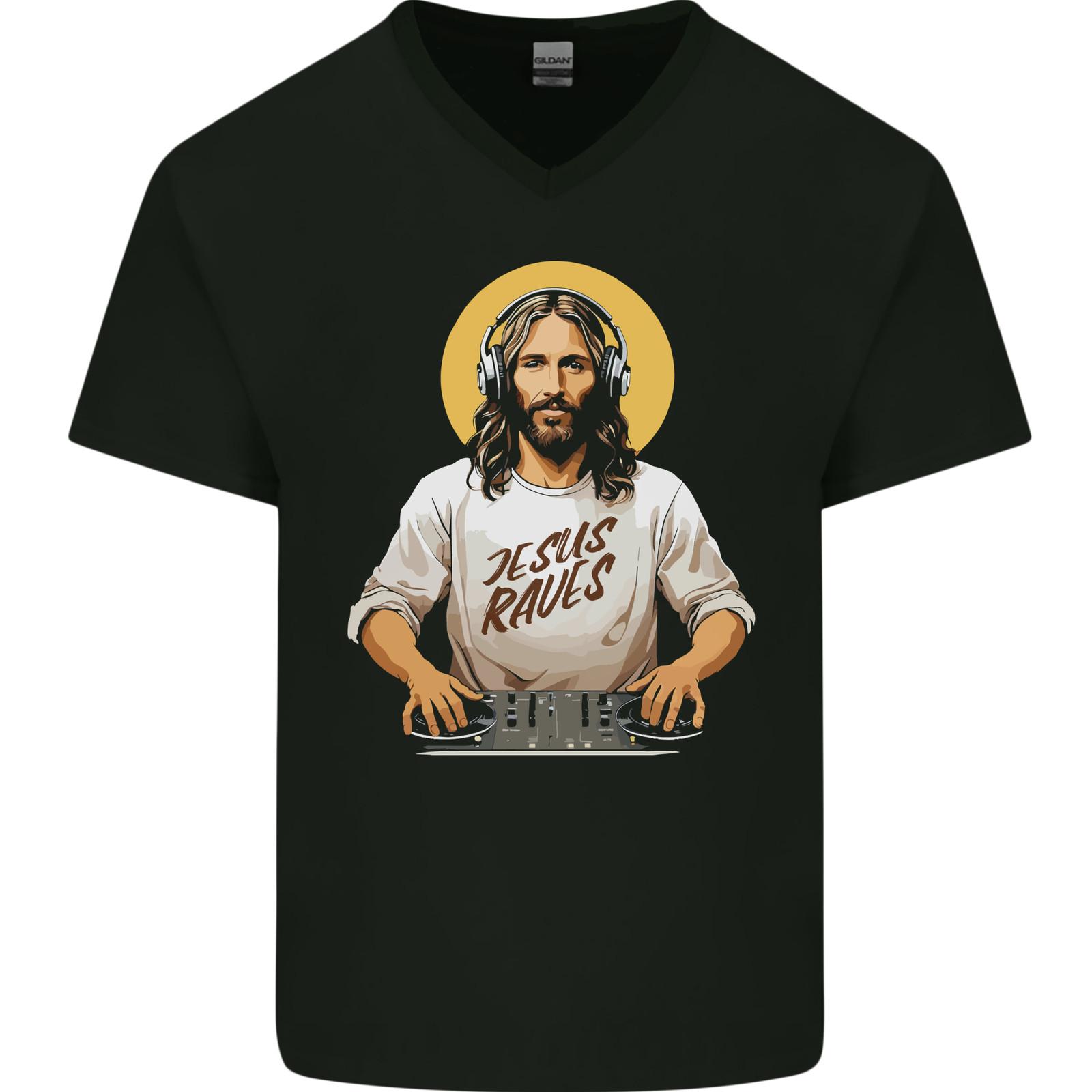 Jesus Raves Funny DJ Music Decks Christian Mens VNeck Cotton T-shirt M