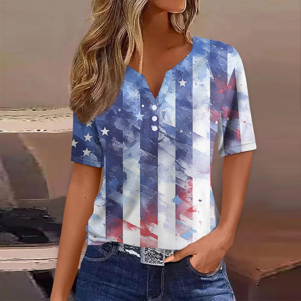 Women's T Shirt Tee Print Button Short Sleeve Daily Weekend Fashion Basic V- Neck Regular Top