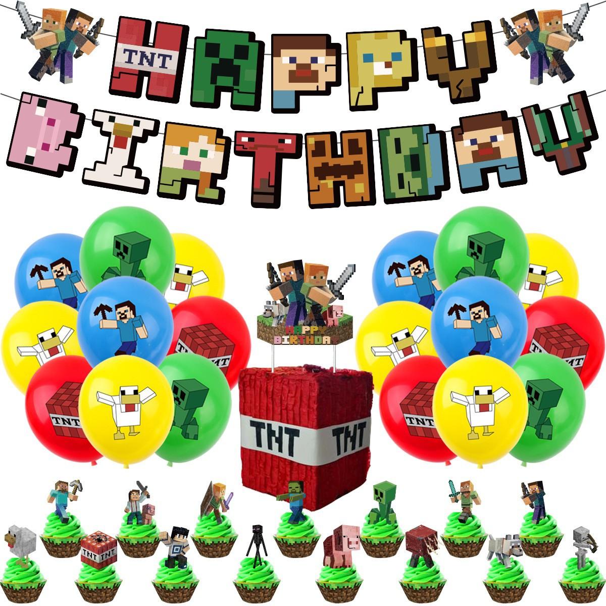

My World Theme Birthday Party Set – 36Pcs Banner Balloon Cake Flag Decoration for Kids