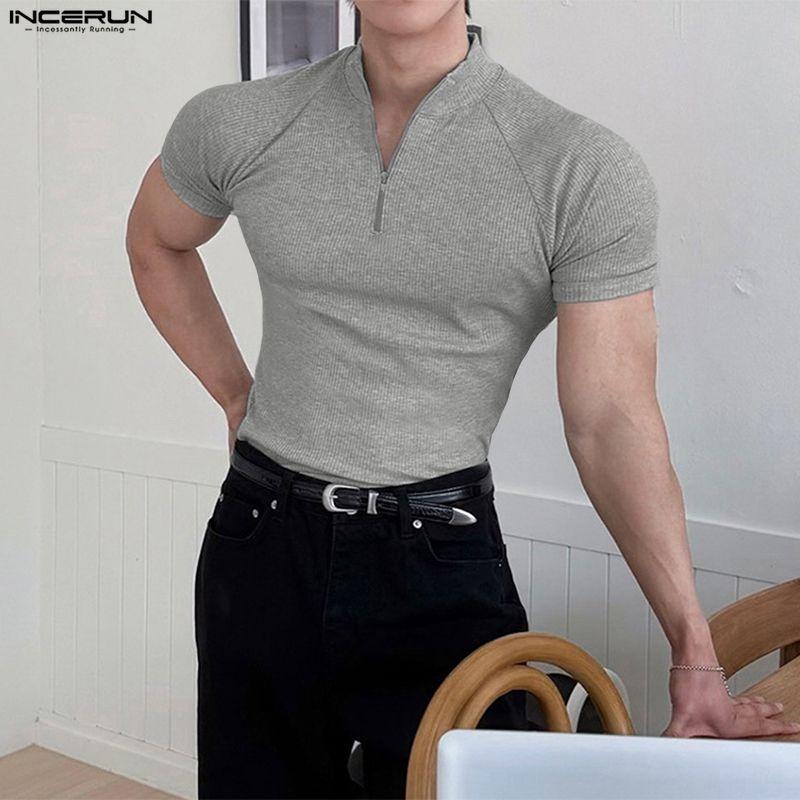 INCERUN Men Zip-up Turtleneck Short Sleeve Rib Fitted T-Shirts Tops