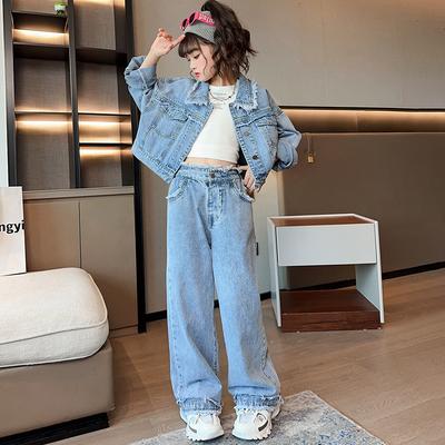 Girls Clothes Suit Childrens Clothing Wholesale Girls Fashion Childrens Spring and Autumn Denim Girls Two-piece Set