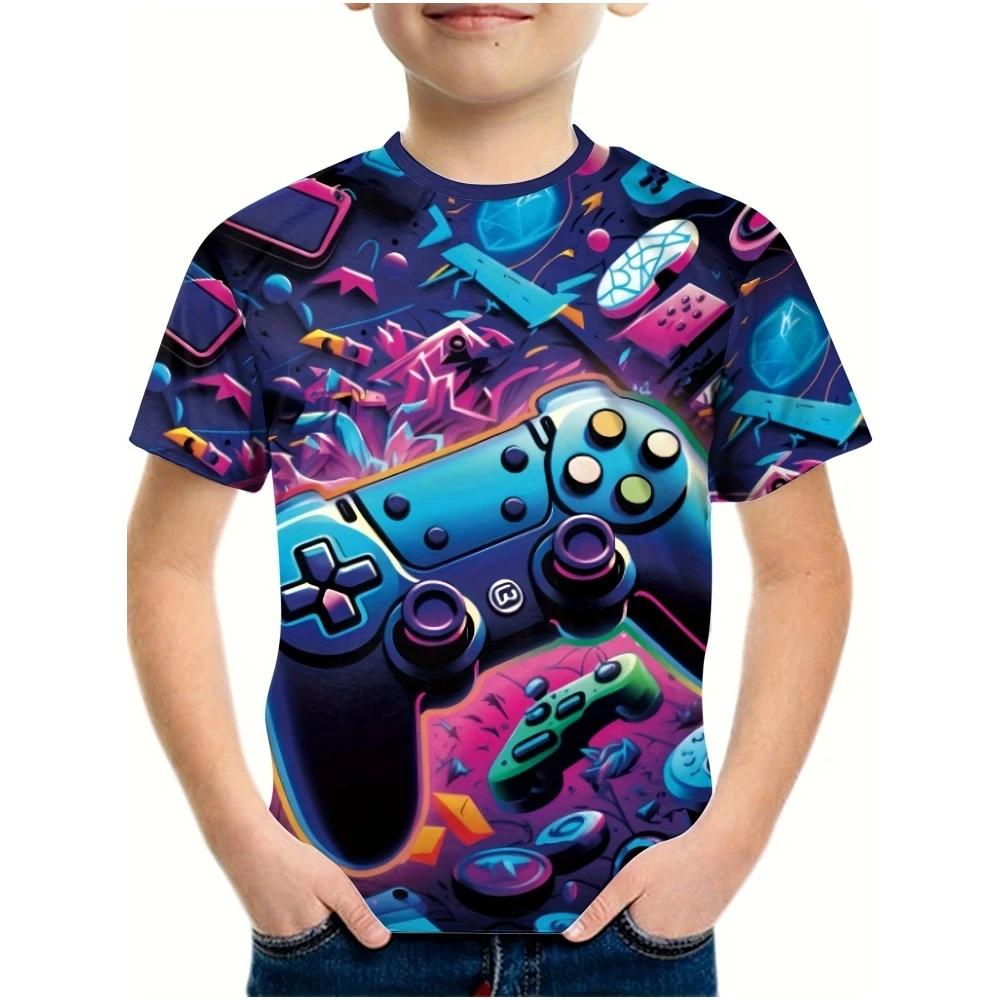 T-Shirt for Kids 3D Print Gamepad Doodle Boy's T-shirts Casual Round Neck Short Sleeves Tees Tops Summer Girl Clothing