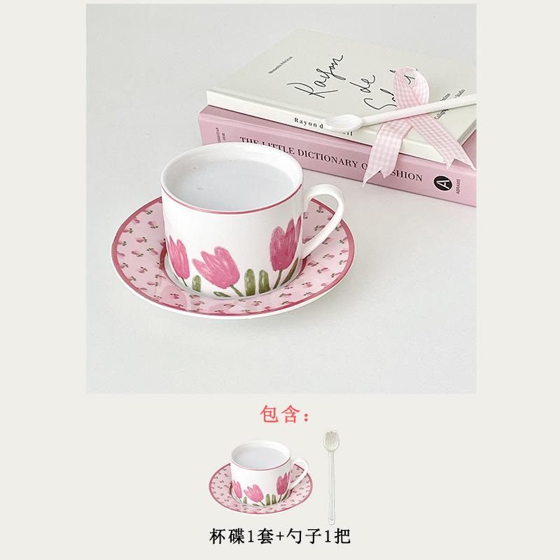 Slow As Old - Pink Tulip Ceramic Coffee Cup And Saucer Set Korean French Afternoon Tea Premium Cup