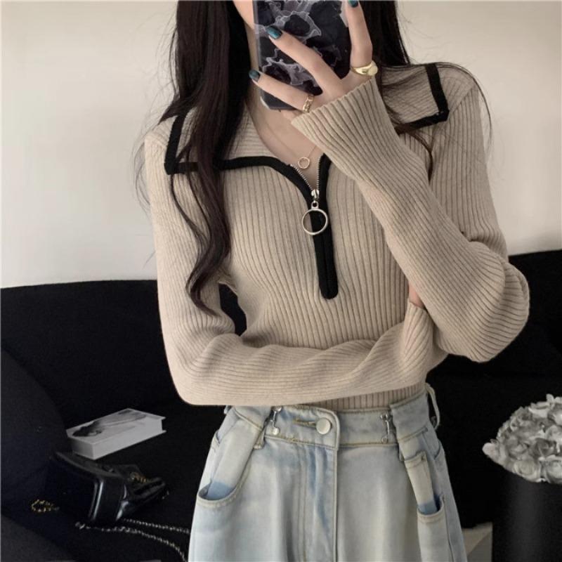 Fashion Autumn Winter Pullover Half Zipper Women s Knitted Sweater Long Sleeve Lapel Casual Elegant Bottoming Slim Thin Tops Women s Clothing One size