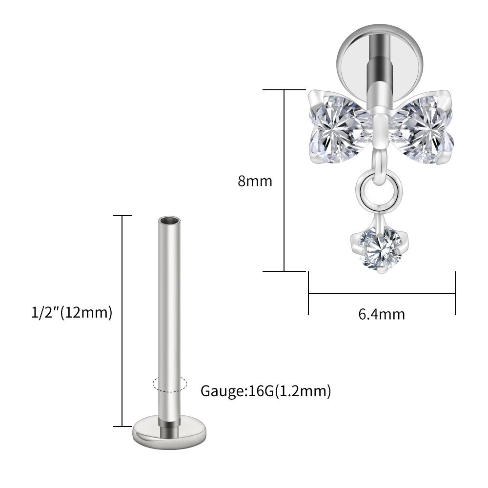 Right Grand ASTM F136 Titanium Bow Dangle CZ Piercing Labret Stud 16G Flat Back Helix Tragus Cartilage Earring Bridal Jewelry