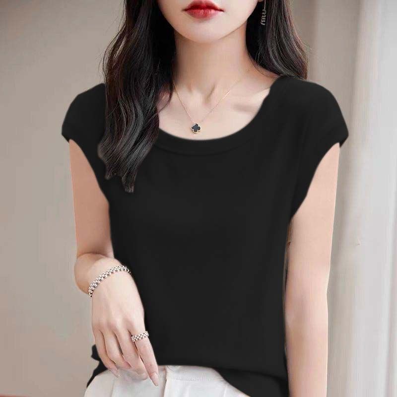 Women Modal T Shirt Short Sleeve Summer Slim Fit Flutter Sleeve Round Neck Comfortable Casual Tee