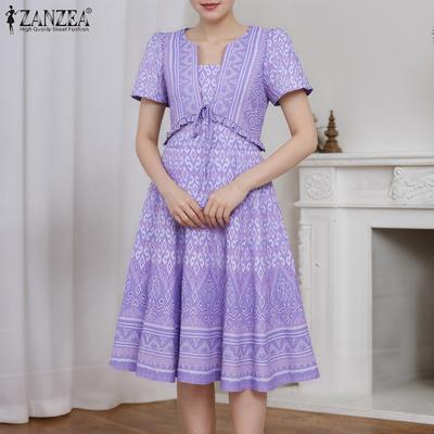 Vestido Casual Feminino de Verão com Decote em V e Manga Curta Estampado