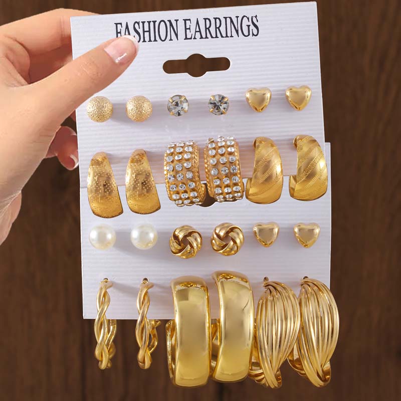 6 Stück/Set Vintage Goldfarbene Gedrehte Creolen-Ohrringe Set Für Damen Minimalistischer Metall-Herz Geometrischer Klobiger Ohrring Schmuck