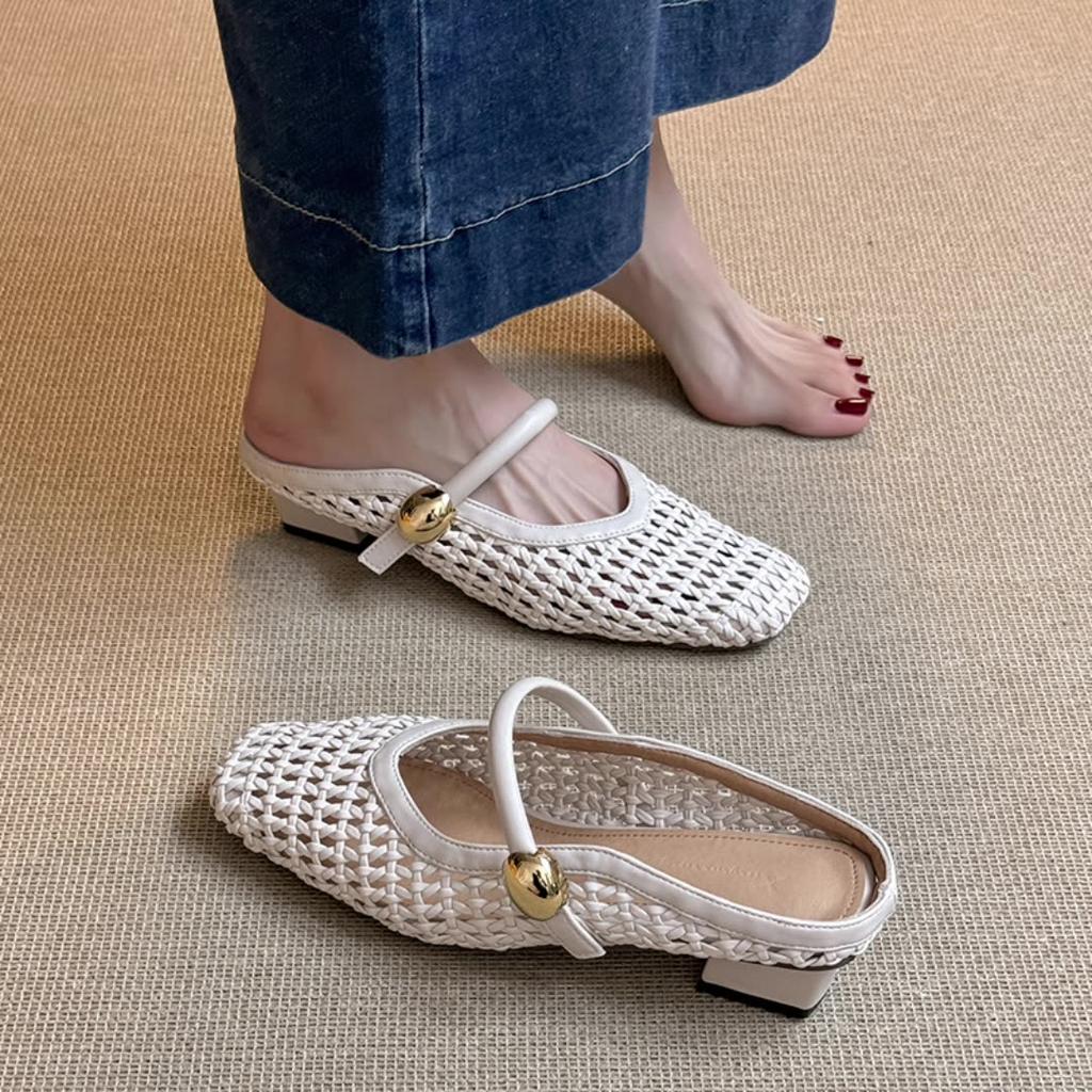 Fashion Big Size Shoes Woman 2025 Square Toe Slippers Summer Pantofle Low New Cover Block Slides Rome Hoof Heels PU Mary Janes Rubber