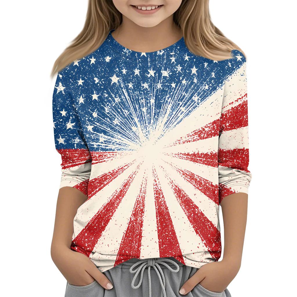 Children's 3/4 Sleeve Tops Casual Print T Shirt Round Neck Pullover Blouse
