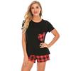 Womens Fashion Modal Plaid Color Leopard Tee and Shorts 2pcs Set Loungewear Pajamas Set All Seasons