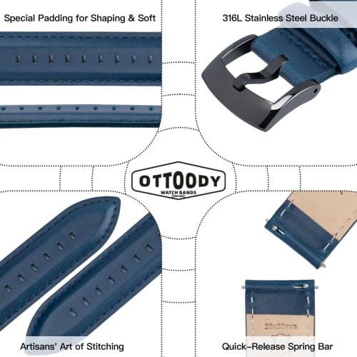 OTTOODY Watch Band, Genuine Leather Watch Strap, 18mm, 19mm, 20mm, 21mm, 22mm, Replacement Strap, Quick Release, No Tools Required, Elegant Calf Leath