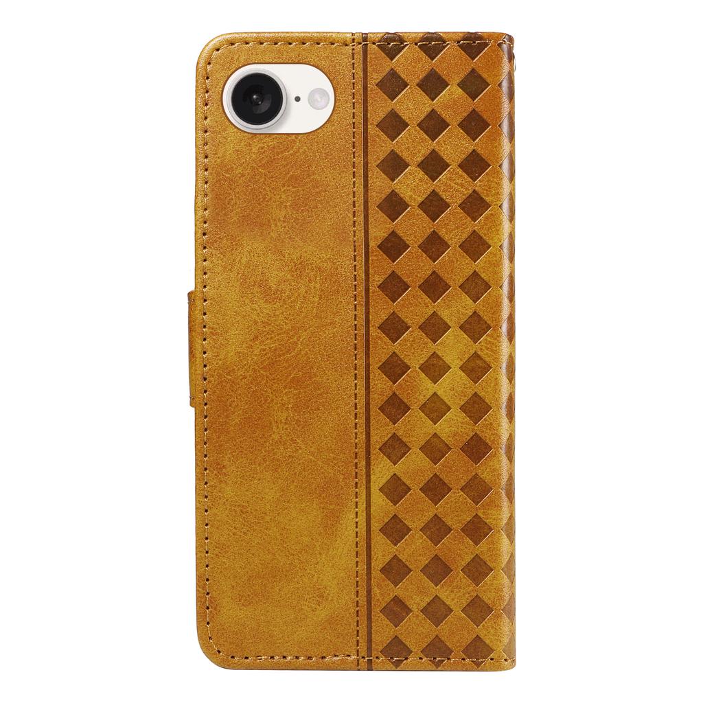For iPhone 16e Leather Case Wallet Stand Grids Imprinted Phone Cover with Strap