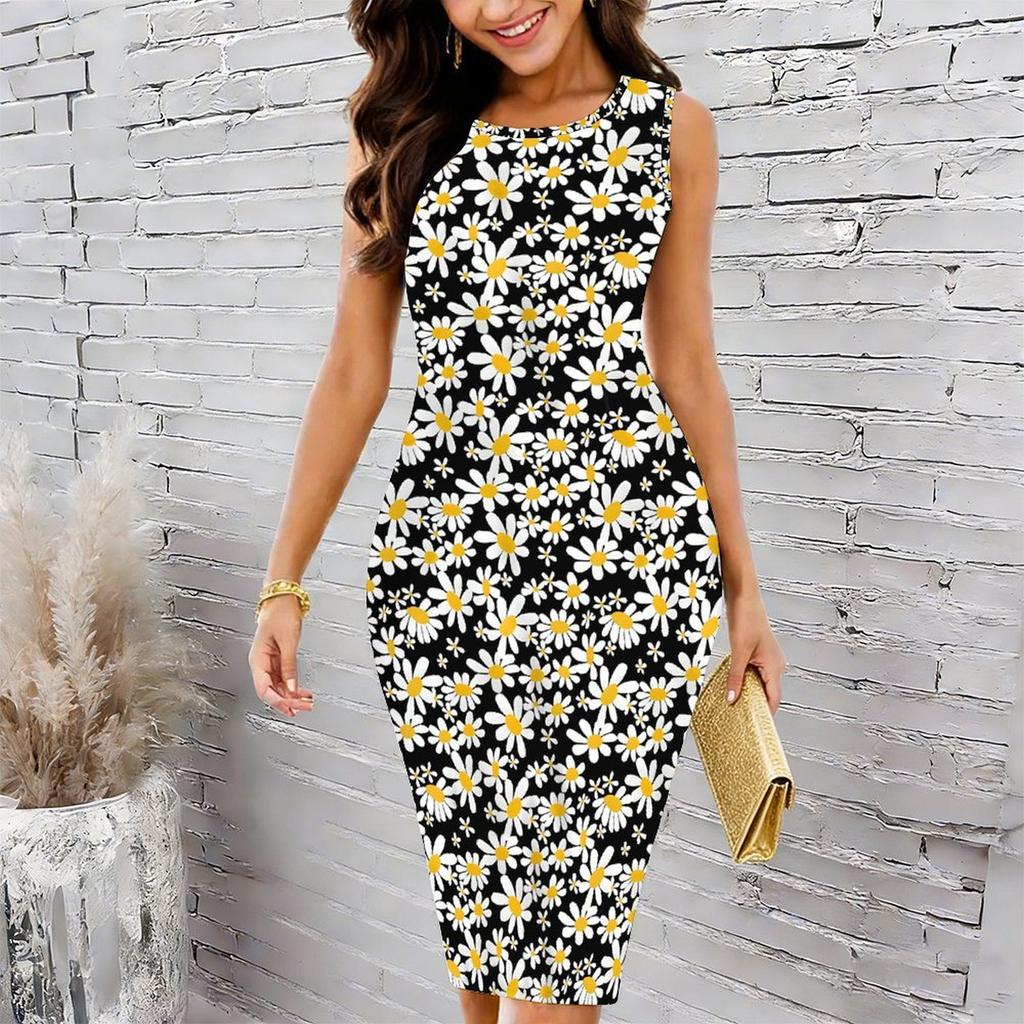 Women Plus Size Sleeveless Round Neck Midi Dress Elegant Gradient Floral Print Bodycon Dress For Daily Party Wear