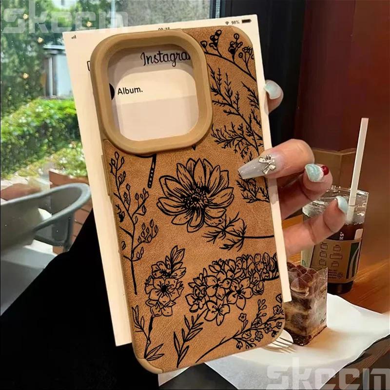 Line Flower Sunflower Bonded Leather Phone Case For iPhone 16 15 14 13 12 11 Pro XS Max XR X 15 Plus 16 Pro Max Matte Back Cover