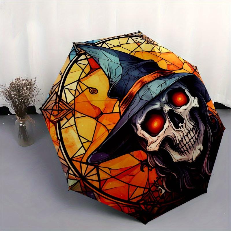 Halloween Hexe Totenkopf Buntglas Fensteraufkleber Regenschirm, Tragbarer 3-fach Kompakter Regenschirm, Weihnachtsgeschenk ES459