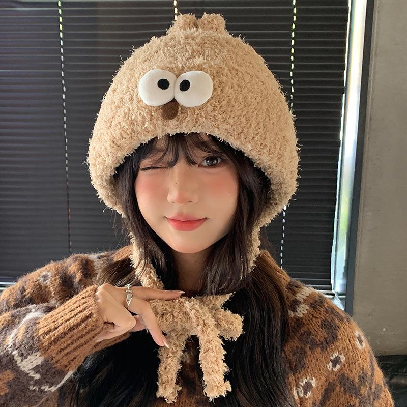Cute Funny Hat for Women Thickened Ear Protection Warm Knitted Hat Big Head Size Woolen Hat Big Eyes Pullover Hat