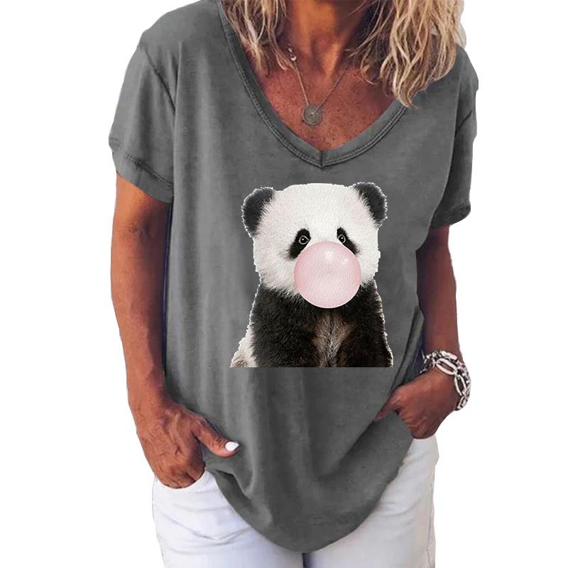 Fashion Spring  Panda Print Blouses Short Sleeved V-Neck T Shirts Casual