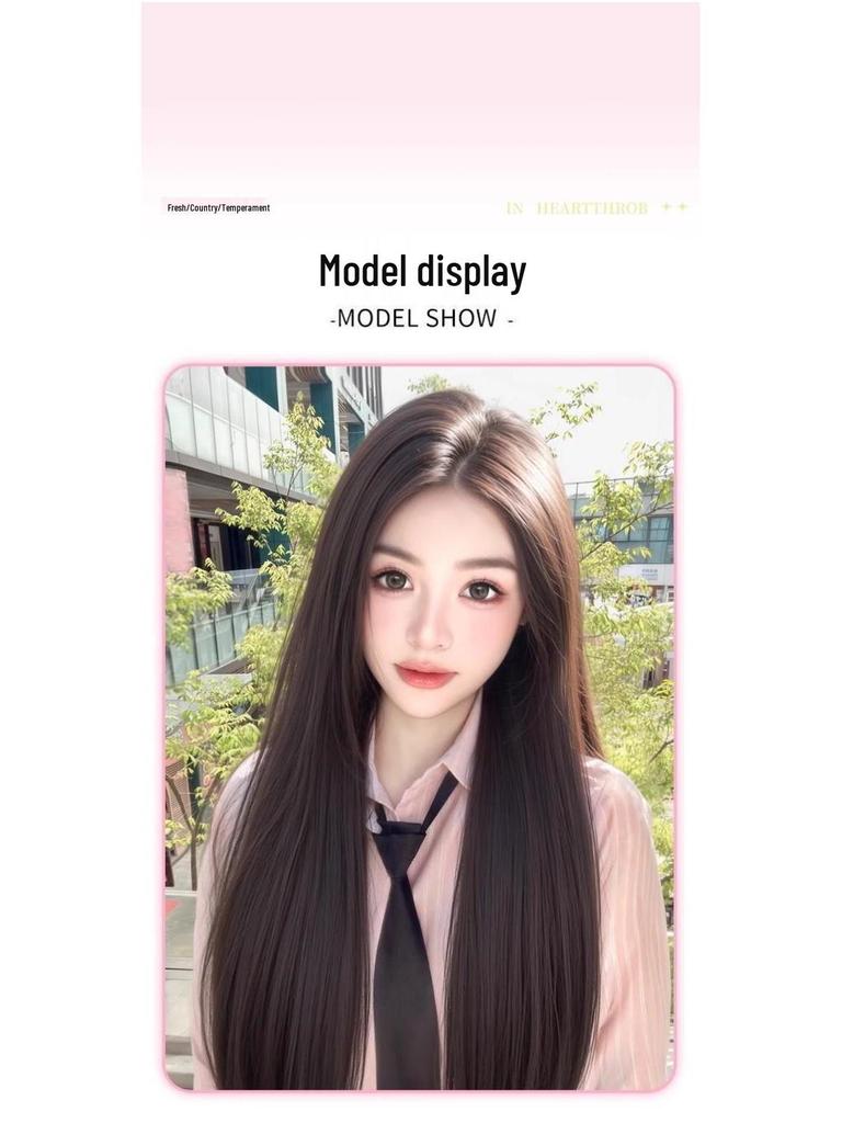 Women's Black Long Straight Seamless Synthetic Wig for Daily Use