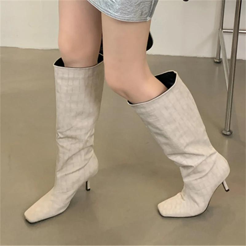 

Eilyken 2026 New Winter Sexy Thin Heels Women Knee-High Long Boots Designer Stone Pattern Square Toe Stripper Female Shoes 40 абрикосовый