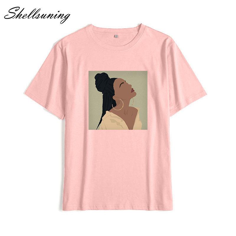 Shellsuning Summer Vintage Printed Cotton T Shirt Women Loose Short Sleeve Trend Tees Female Casual Streetwear All-match Basic Tops