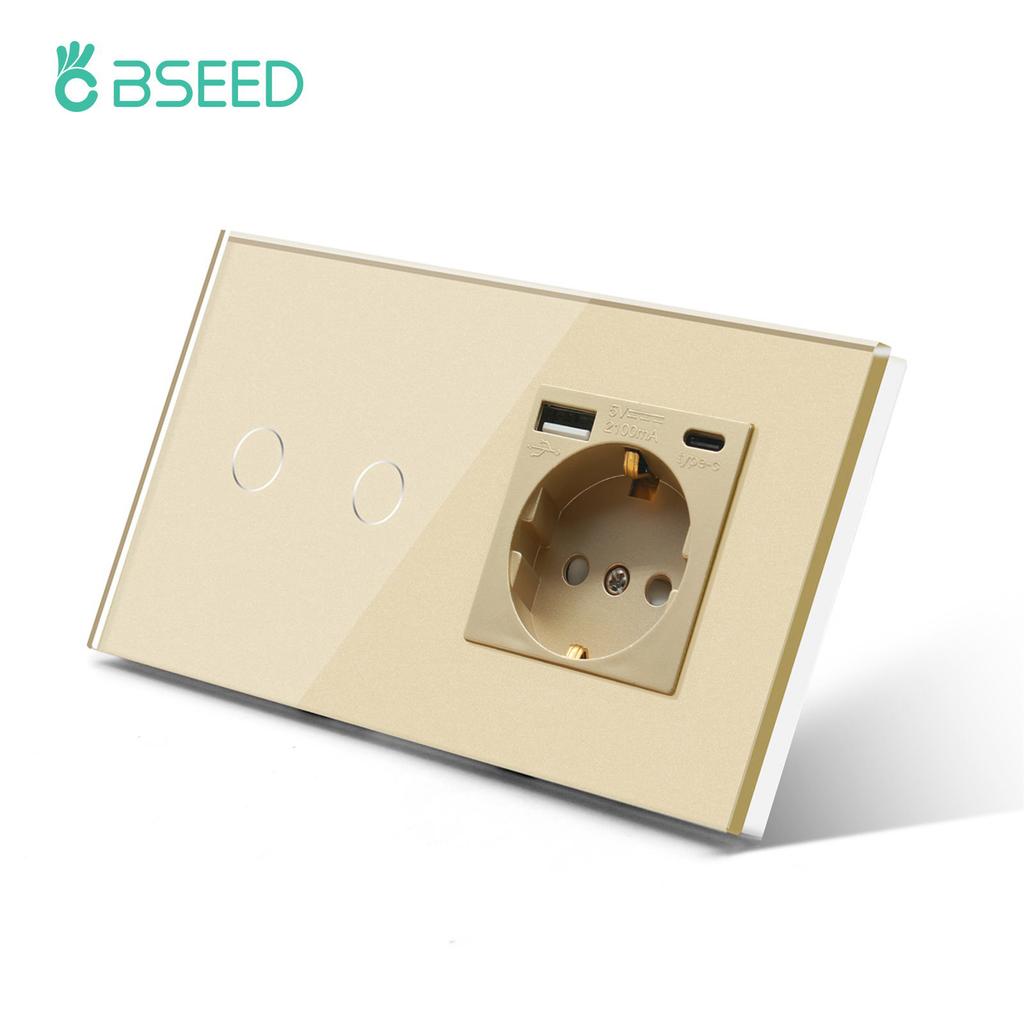 BSEED EU Standard 1/2/3Gang Touch Switches 1way Light Sensor Switch With USB Sockets Wall Sockets Type-C Ports Glass Panel