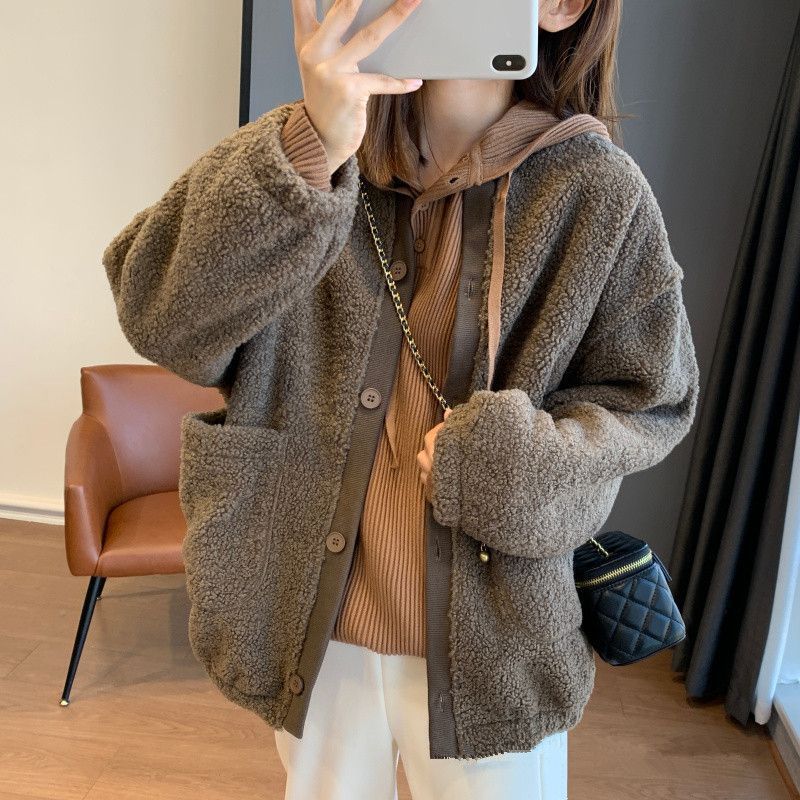 Women's Lamb Wool Fleece Loose Cardigan Top Versatile Warm Autumn Winter Sweatshirt Thickened Jacket