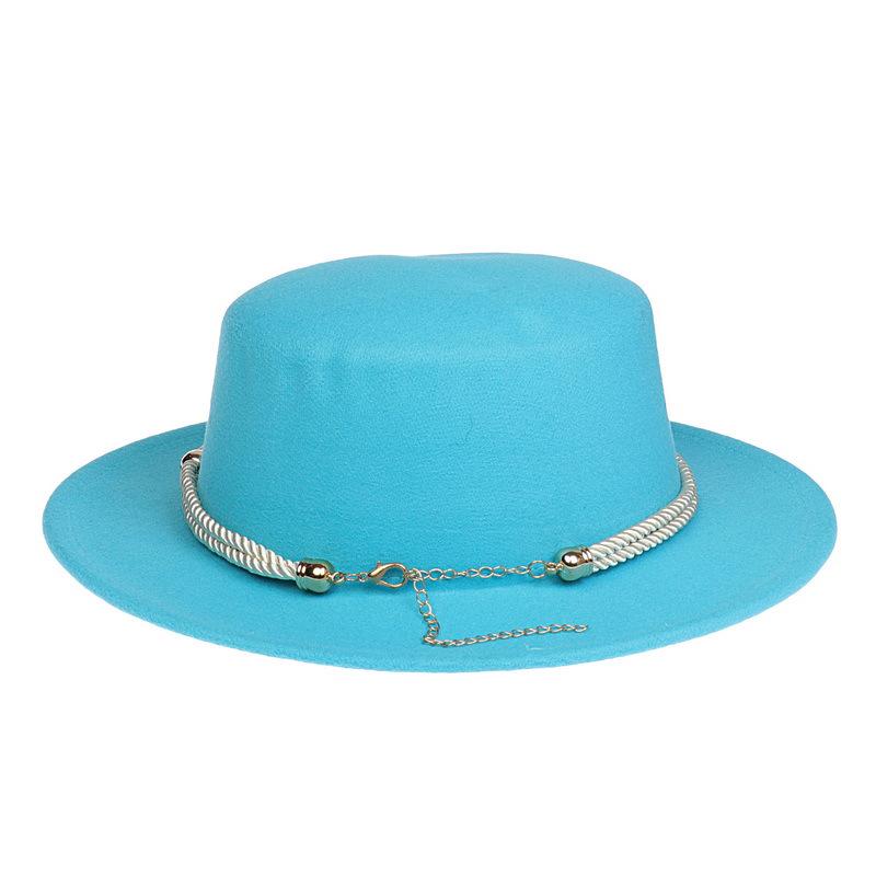 Women's Wool Felt Flat Top Fedora Hat - French Autumn/Winter Retro Style with Chain