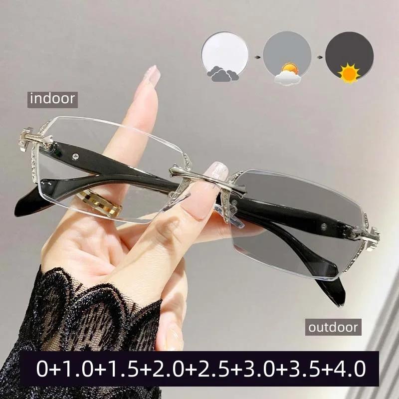 Luxury Diamond Cutting Finished Color Changing Far Sight Sunglasses Vintage Anti Blue Light Prescription Reading Glasses Diopter