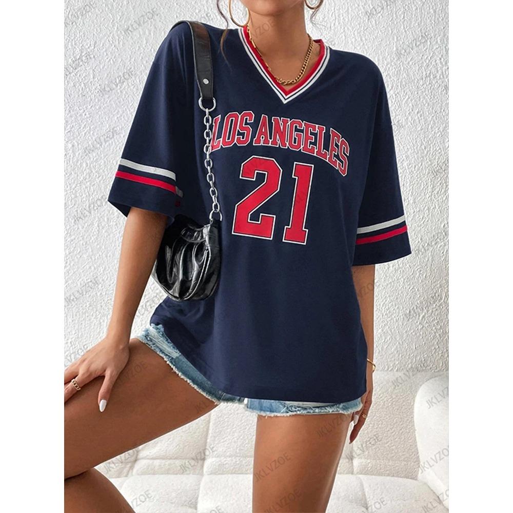 Nuova T-Shirt Stampata Los Angeles N.21 da Donna Estate Scollo a V Manica Corta Sportiva Maglia da Calcio Y2K Top Larghi Oversize