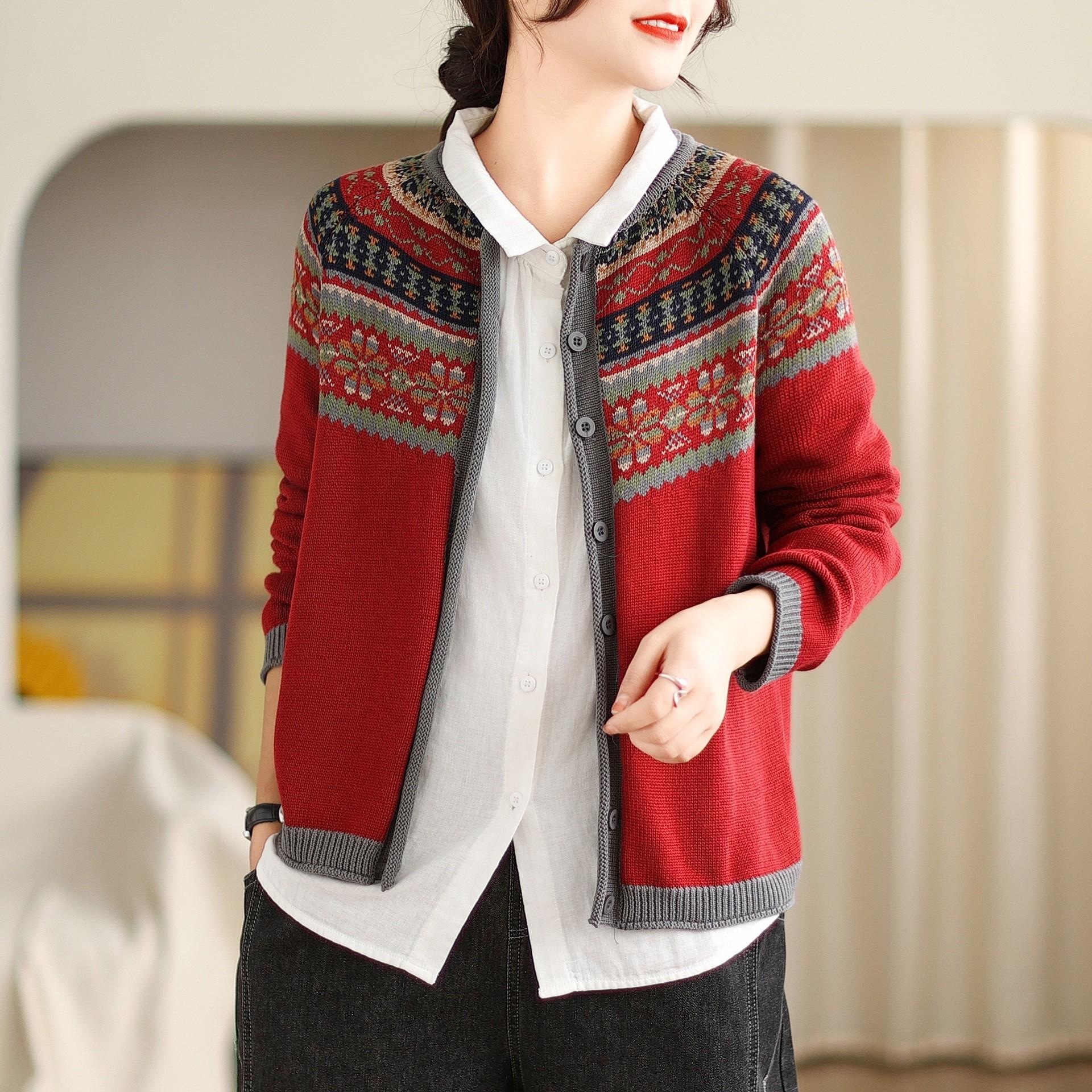 

Johnature Niche Print Vintage Loose Свободное трикотажное пальто Женское осеннее однобортное пальто с круглым вырезом и длинными рукавами One Size красный