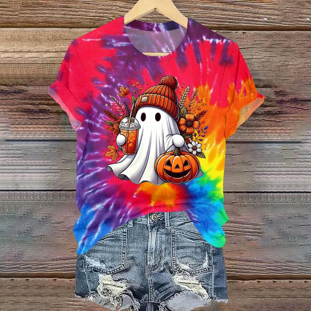 Ladies' Casual Halloween Printed Round Neck Short Sleeved T-Shirt