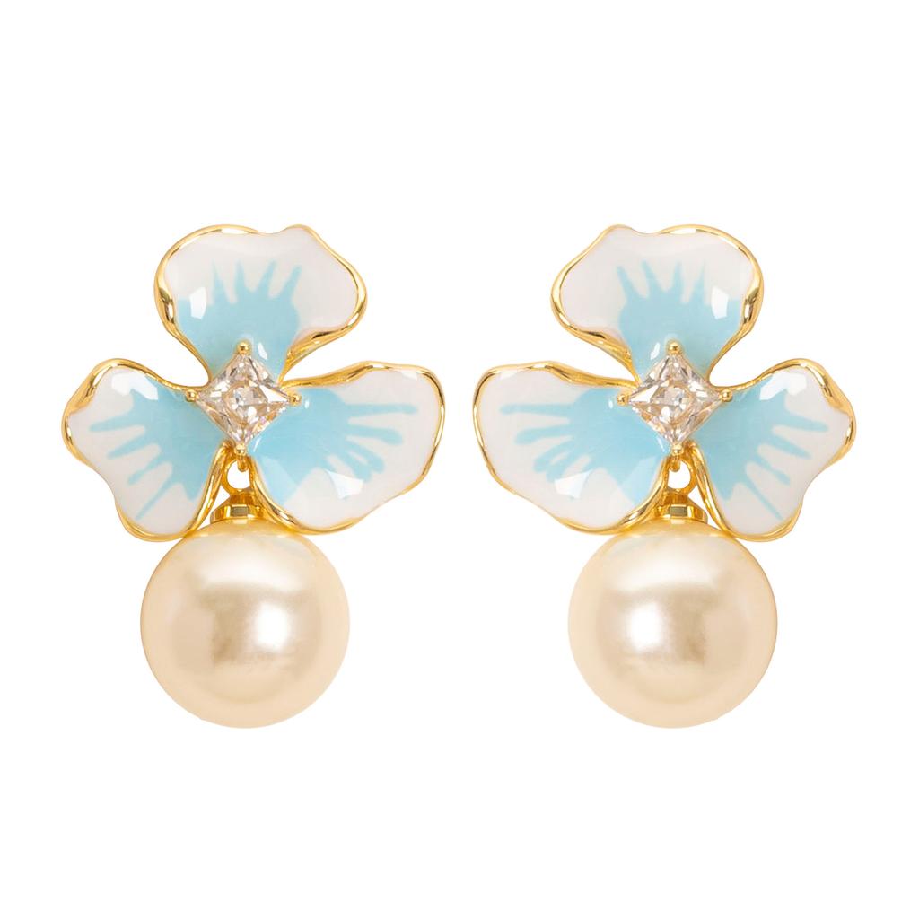 French gentle temperament lady style enamel oil drop petal pearl earrings light luxury simple high sense fairy earrings