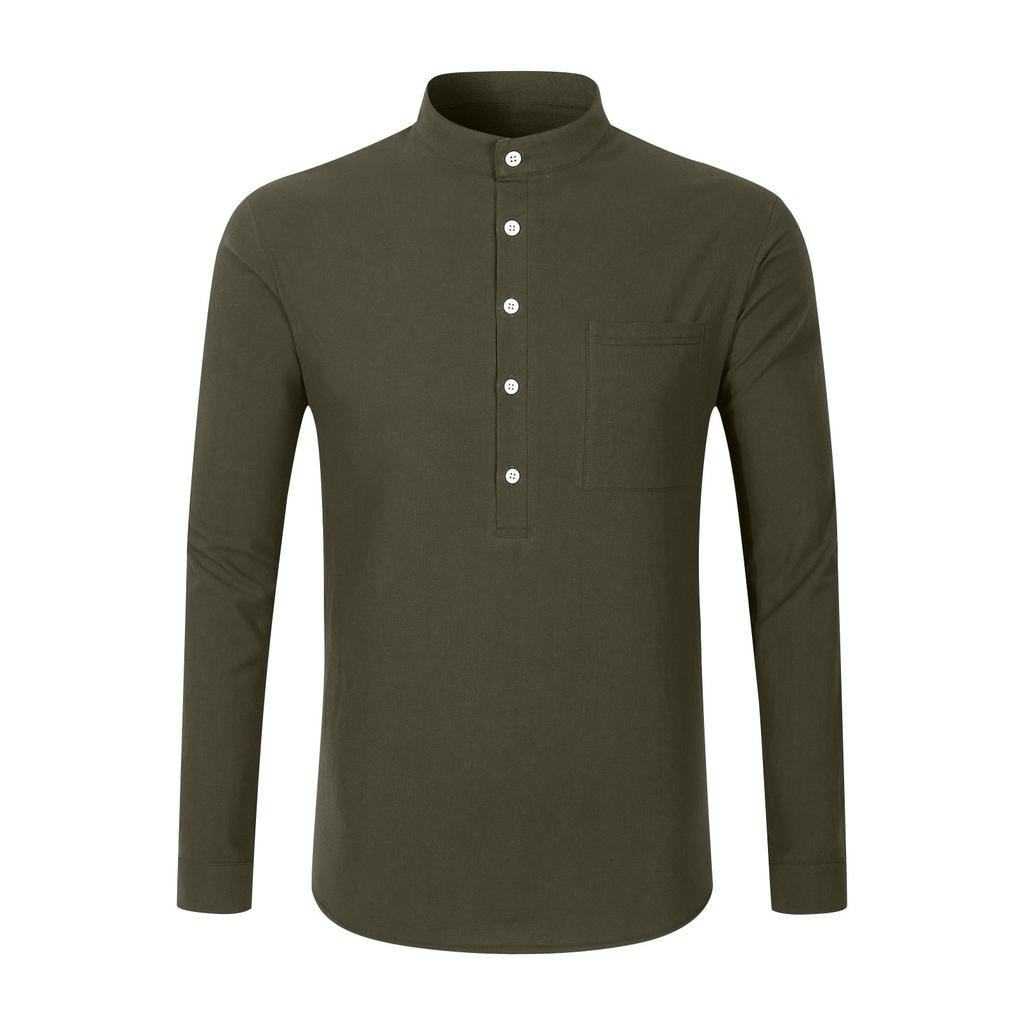 Men's New Solid Color Casual Cotton And Linen Standing Collar Long Sleeved Shirt