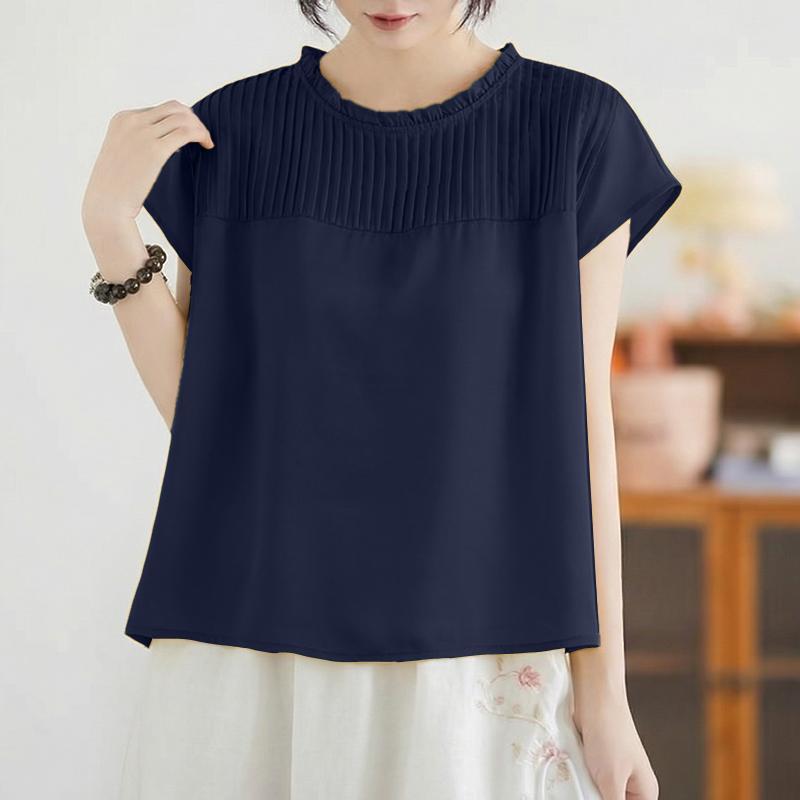 ZANZEA Blusa Casual Feminina de Manga Curta e Cor Sólida com Decote Redondo