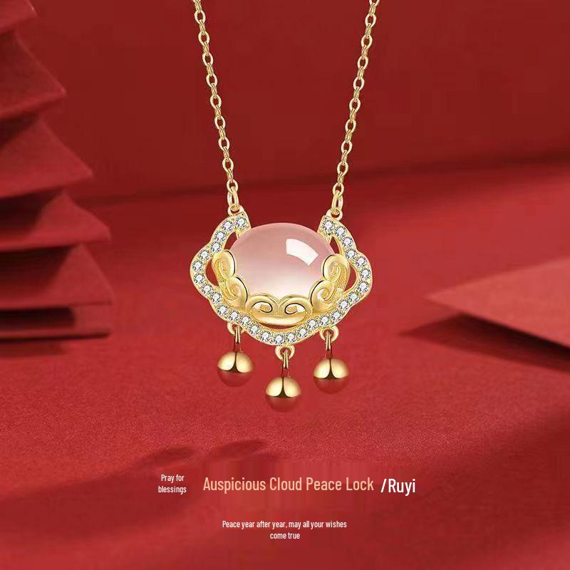 Chalcedony Long Life Ruyi Necklace: Elegant Safety Lock Bell, Versatile Chinese Clavicle Chain Design.