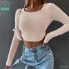 My Wardrobe Authorization Women Long Sleeve Knitted Solid Crop Top Square Neck Fitted Asymmetrical Hem Cropped Tee Shirts