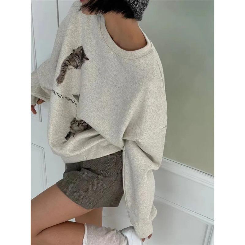 Damhoodie med kattryck, rund hals, långärmad, lös passform, damtröja, höst, ny, moderiktig, mångsidig topp