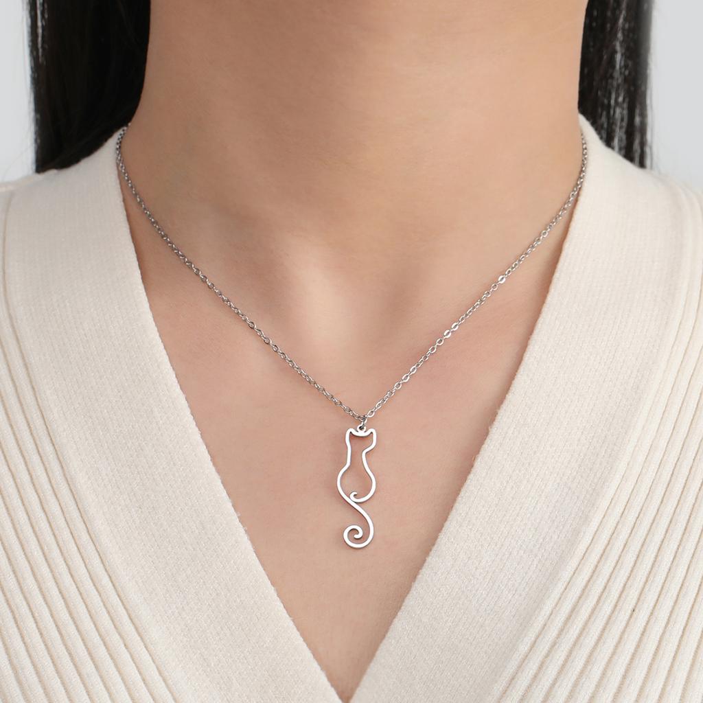 Lemegeton Long Tail Cute Cat Charm Pendant Necklace for Women Girls Animal Kitten Stainless Steel Necklace Jewelry Gift
