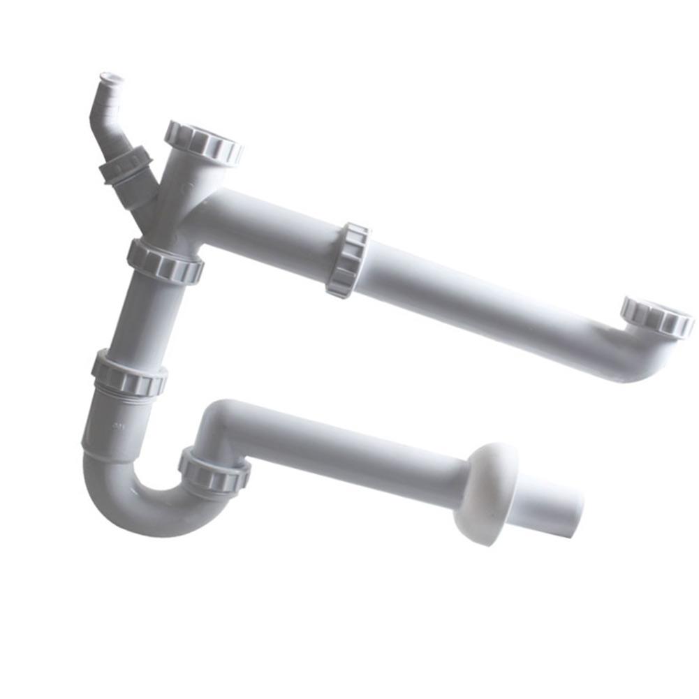 GR012 Double Basin Sink PP White Hard Pipe Groundwater Connection Left Right Adjustable Drain Kit Utility Laundry Wash Station