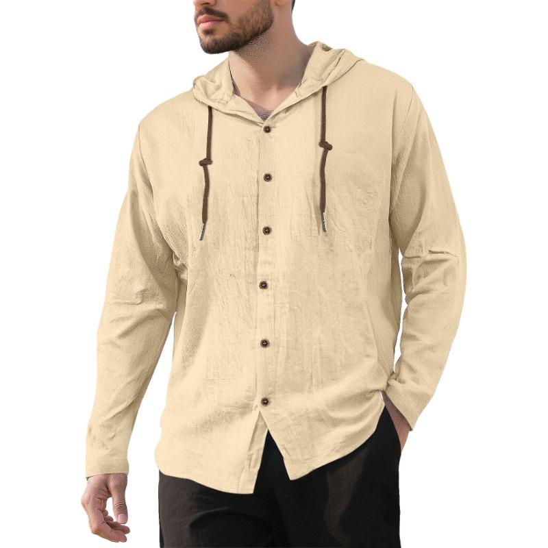 Men's Simple Cotton and Linen Casual Loose Breathable Long-sleeved Solid Color Hooded Shirt