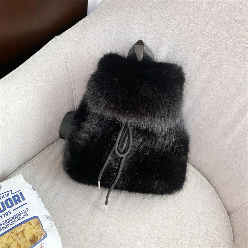 Solid Color Fake Fur Women's Backpack Fashi Large Capacity Plush Female Double Shoulder Bag Winter Girls Furry Tote Schoolbags