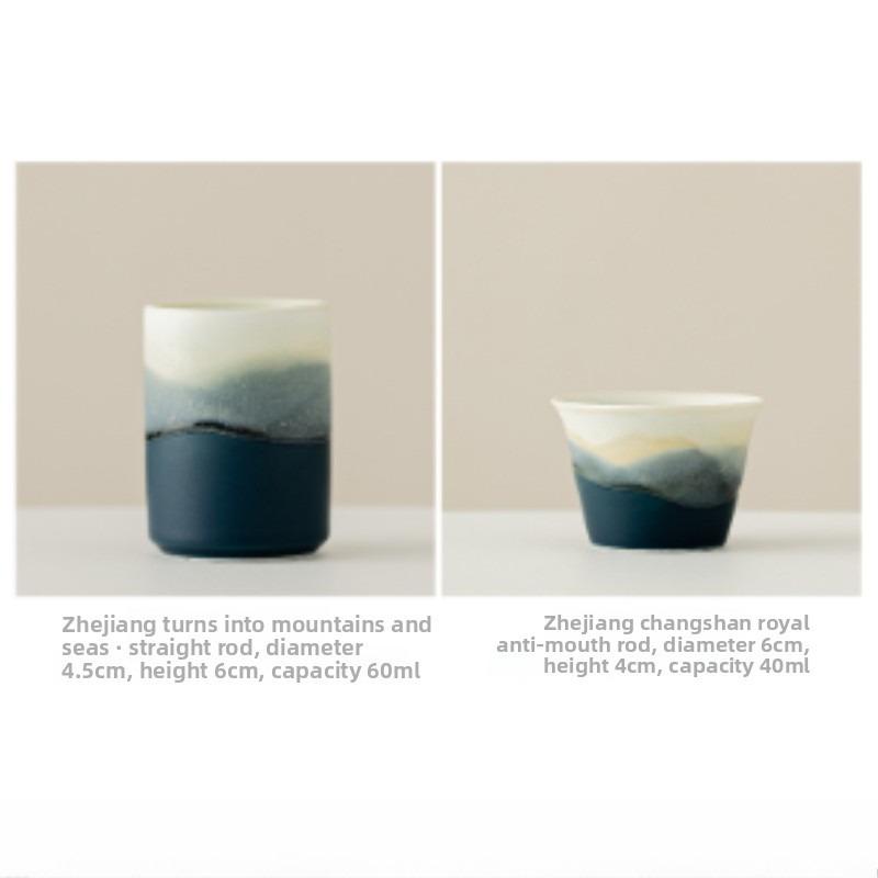 Gradient Mountain And Sea Ceramic Teacup Reverse Mouth Tea Bowl Tasting Tea Straight Cup Master Cup Mugs Kung Fu Teaset
