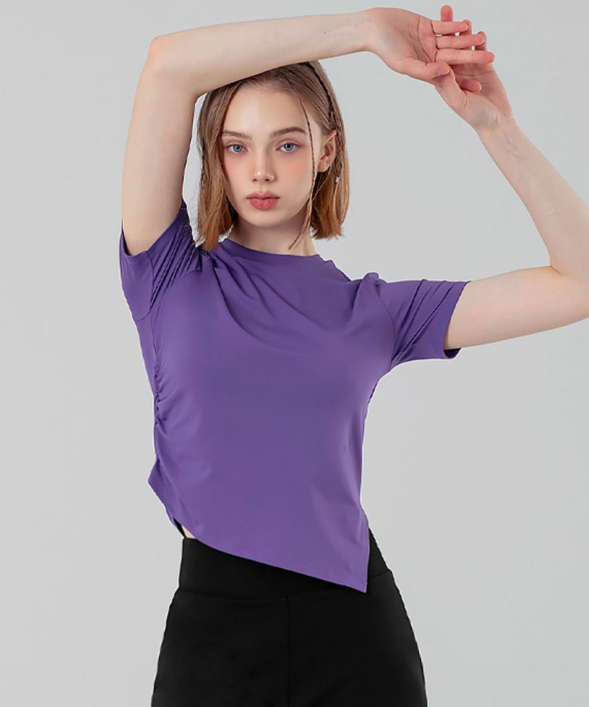 XEXYMIX Asymmetrical Side Shirred Short Sleeve Xfk2Ts1004
