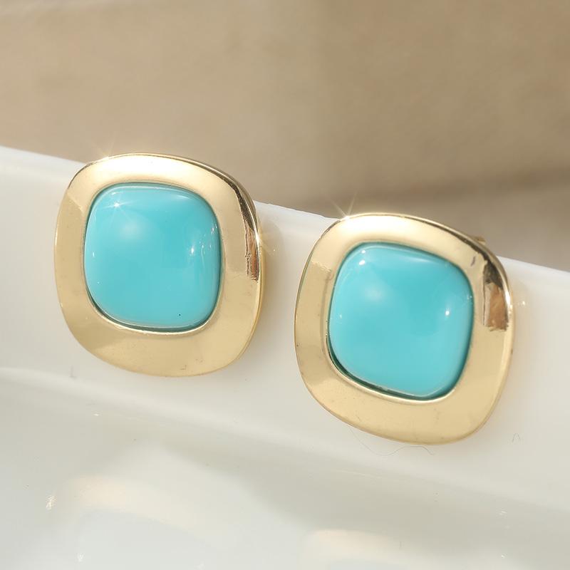 Vintage Quadratische Synthetischer Türkis Kupfermaterial Ohrstecker Damen Elegant Exquisit Vergoldet Täglicher Schmuck Zubehör