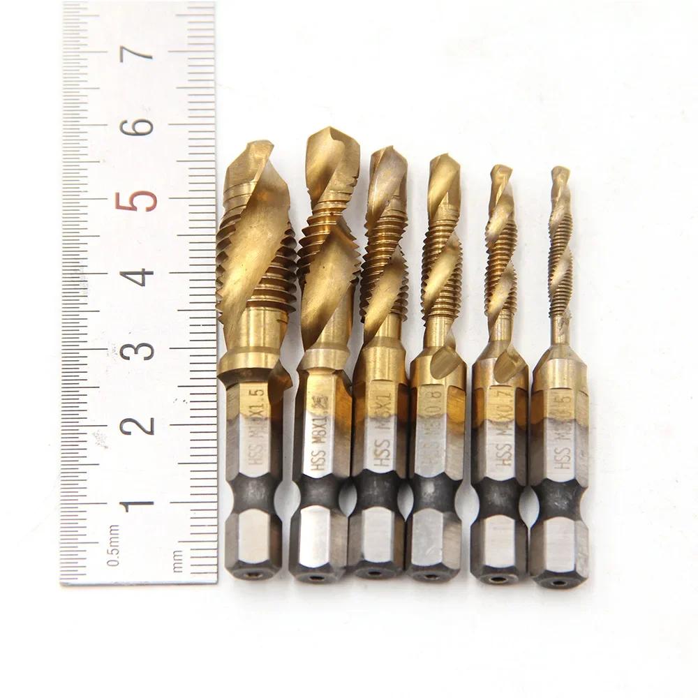 1-6PCS Tap Drill Titanium Plated Hex Shank HSS Screw Thread Metric Tap Bits Screw Machine Compound M3 M4 M5 M6 M8 M10 Hand Tools