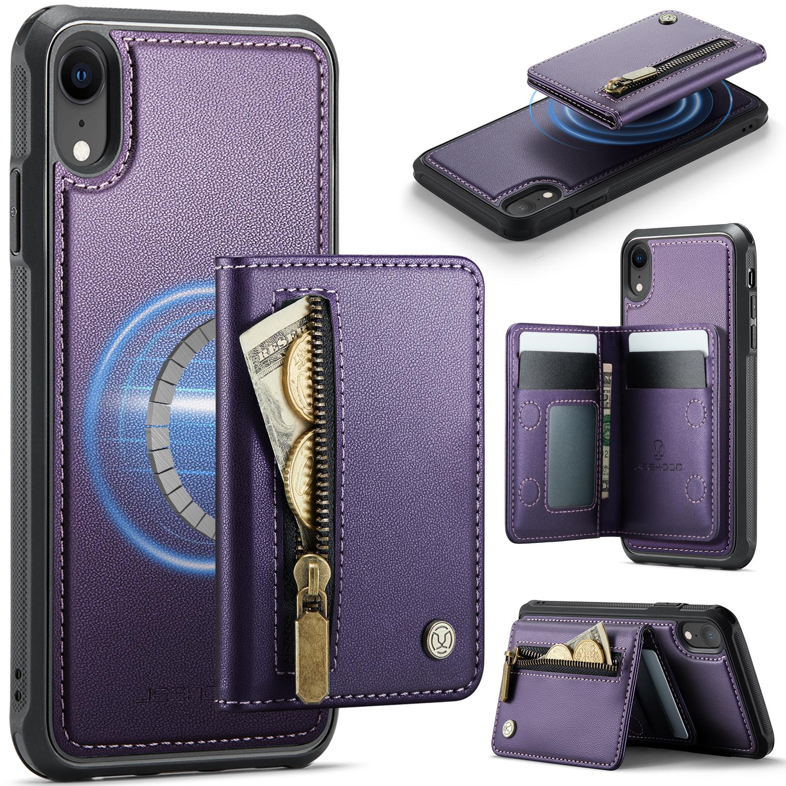 

For iPhone XR 6.1 inch Case JEEHOOD J12 Magnetic Detachable Zipper Wallet Kickstand Leather Back Cover Compatible with MagSafe
