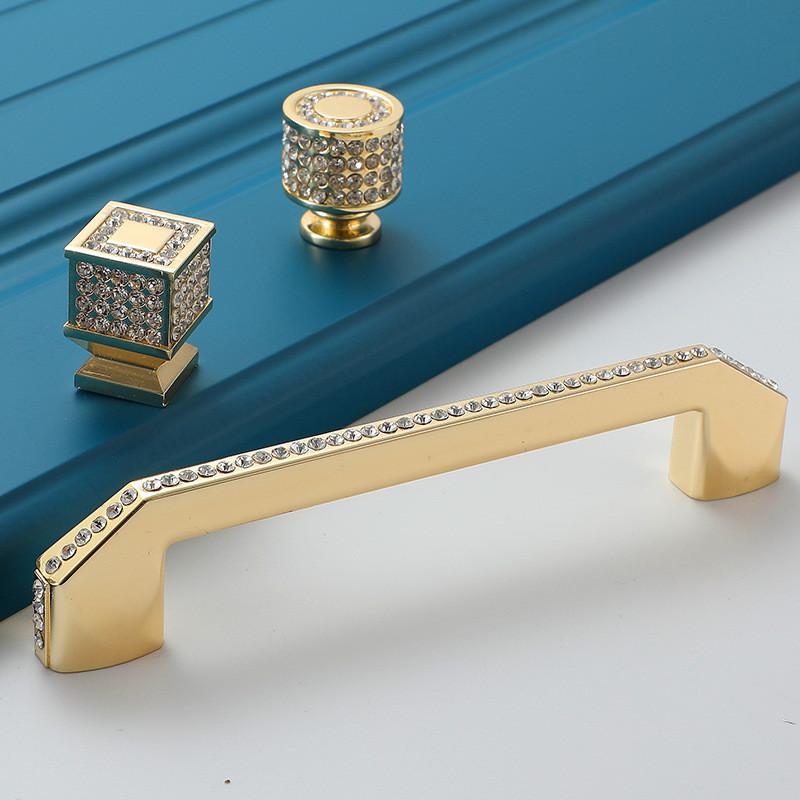 European Luxury Diamond Crystal Handle Bright Gold Zinc Alloy Kitchen Cabinet Knob and Handles Drawer Knobs Hardware