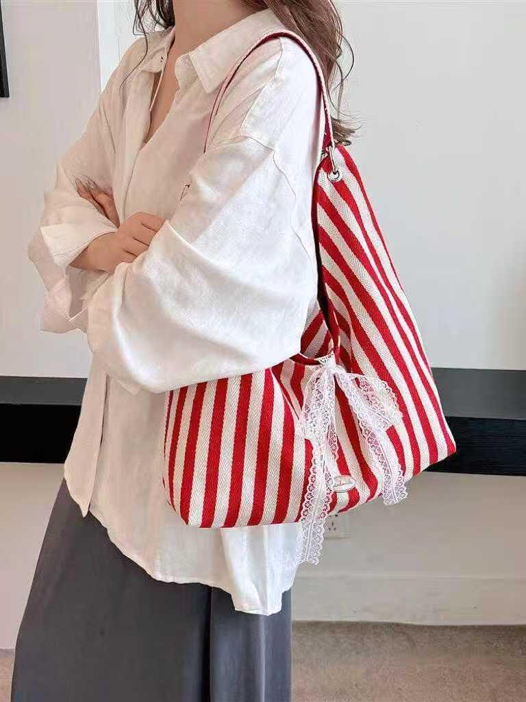 Reversible Striped Canvas Tote Bag - Korean Style, Large Capacity, Fashionable and Versatile for Everyday Use